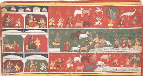 Bakasura, nosturidemoni, saapuu Brindavaniin... hajallaan oleva Bhagavata Purana..., noin. 1700.
