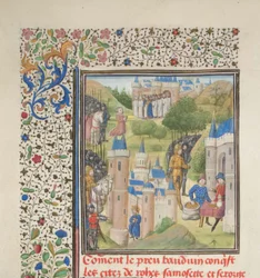 Baldwin Boulognen saapuessa Edessaan helmikuussa 1098. Pienoiskuva Historiasta, William of Tyre, 1460-luku