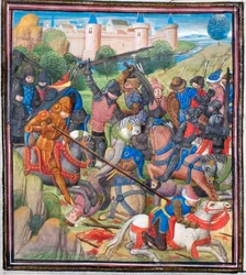 Taistelu ristiretkeläisten välillä Jerusalemin Baldwin II:n ja saraseenien välillä. Vilhelmin Tyroksen pienoismalli Historiasta, 1460-luku