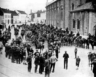 Belgialaiset aseet, valmistaja Krupp, valmistautumassa taisteluun lähellä Gentiä, Belgia, Ensimmäinen maailmansota, 1914