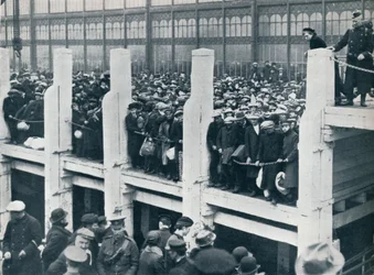 Belgialaiset pakolaiset Oostenden satamassa odottamassa venettä, joka vie heidät Englantiin, 1914.