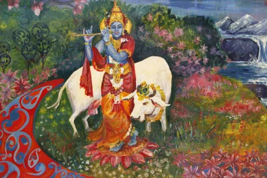 Bhaktivedanta Manor -maalaus, joka kuvaa Krishnaa ja lehmää, Watford, Grande-Bretagne