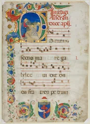 Bifolium leikattu antifonaarista: Alkuperäinen D[ominus Iesus], n. 1425-1450.
