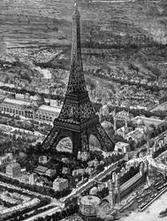 Lintuperspektiivikuva Eiffel-tornista Pariisin näyttelyn avajaisissa 1889