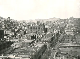 Lintuperspektiivinäkymä Chronicle Buildingin tornista, San Francisco, USA, 1895.