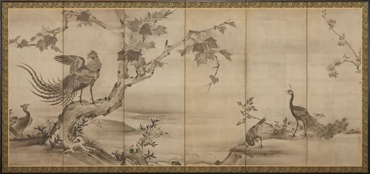 Linnut, kukat ja puut: takana, bambupuut, Momoyama-kausi, 1568-1615.