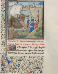 Antiokian Bohemond I matkusti takaisin Apuliaan. Vilhelmin Tyroksen pienoismalli Historiasta, 1460-luku