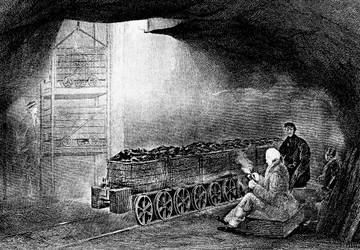 Kaivoksen pohja hiilikaivoksessa ja juna lastattuja vaunuja, 1860