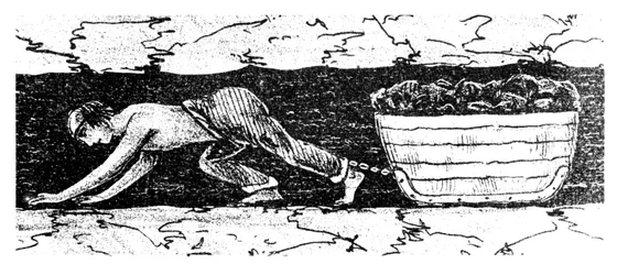 Poikaputteri vetää hiilen rekiä kapeaa saumaa pitkin, Etelä-Wales, 1848