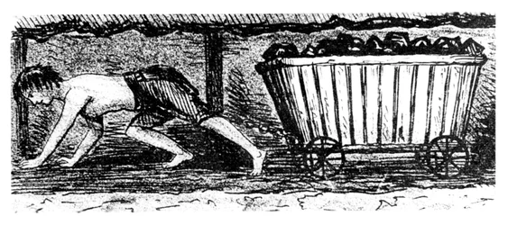 Poikaputteri piirtää hiiltä sisältävää kuorma-autoa 24 tuuman korkeaa saumaa pitkin, Halifax, Yorkshire, 1848