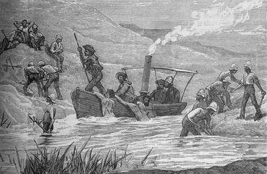 Brittiläiset sotilaat leikkaamassa patoa, jonka Arabi rakensi Mahutassa, c1882.