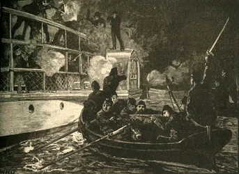 Brittijoukot vangitsemassa kanadalaisen kapinallisaluksen Carolinea Niagara-joella, 1837 c1890.
