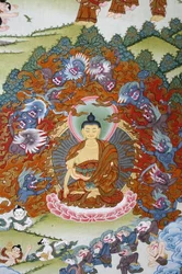 Buddha Sakya Muni kiusauksen ympäröimänä. Thangka, Bhaktapur, Nepal