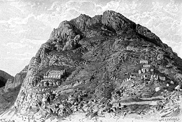 Inkojen rakennukset Cerro De Las Carcelesilla Ollantaytambossa Perussa, 1895