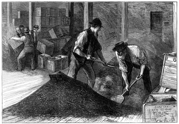 Teetä täytettävässä teevarastossa, 1874