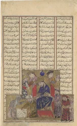 Buzurjmihr hallitsee shakkipelin, Folio Shahnama Book of Kingsistä, n. 1330-40.