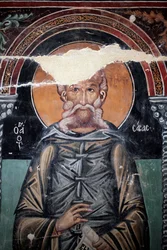 Bysanttilainen fresko 1400-luvulta (yksityiskohta) Saint Sabasin seinämaalaus Arkkienkeli Mikaelin kappeli, Galatan kylä Kypros Maalatut kirkot Unescon sivusto Troodos, Kypros