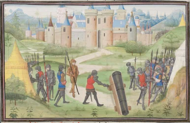 Ristiretkeläisten leiri lähellä Jerusalemia. Vilhelmin Tyroksen pienoismalli Historiasta, 1460-luku