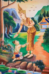 Kattotaide, joka kuvaa Buddhan elämää. Wat Si Sou Mang Karam -temppeli. Vieng Vang. Laos, 20151102, Vieng Vang, Laos