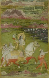 Chand Bibi Hawking palvelijoiden kanssa maisemassa, n. 1700.