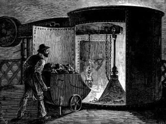 Masuunin lataaminen Govanin ruukkitehtaissa, Skotlannissa, c1885