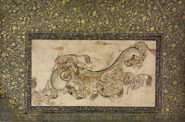 Chilins Kiinan kimeeriset olennot taistelevat lohikäärmeen kanssa, 1500-luku.