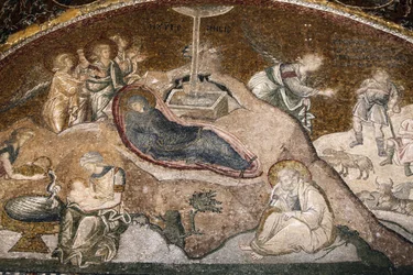 Choran kirkkomuseo: Jeesuksen syntymän mosaiikki (Mary lepää synnytyksen jälkeen, Joosef istuu) Istanbul Turquie