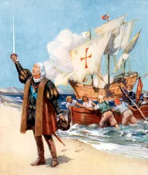 Kristoffer Kolumbus nousee maihin Amerikassa, 1492, noin 1920