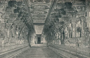 Pylväikkö hindutemppelin sisätiloissa Rameswaramin saarella Etelä-Intiassa, c1903,