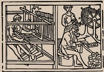 Villan kampaus, kehräys ja kudonta. Rodericus Zamorensiksen Speculum Vitae Humanaesta, 1479.