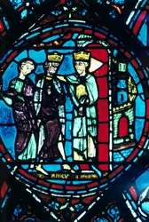 Constantine tervehtii Kaarle Suurta Konstantinopolissa, lasimaalaus, Chartresin katedraali, Ranska, c1225