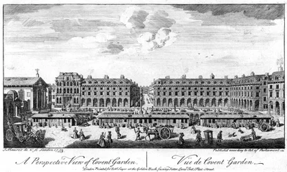 Covent Garden, Lontoo, näyttää kojuja aukion keskustassa, 1753
