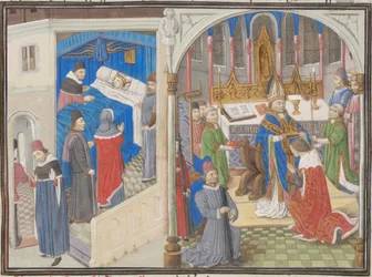Jerusalemin Amalrik I:n kuolema. Balduin IV:n kruunajaiset. Miniatyyri Vilhelm Tyroslaisen Historia-teoksesta, 1460-luku