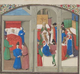 Baldwin IV:n kuolema. Guy de Lusignanin kruunajaiset. Miniatyyri Vilhelm Tyroslaisen Historia-teoksesta, 1460-luku