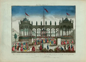 Bastiljin koristelu ja valaisu liittovaltion juhlaa varten 14. heinäkuuta 1790.