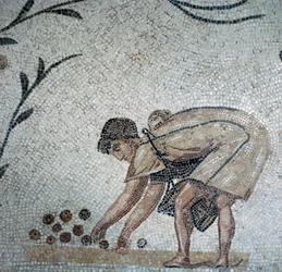 Yksityiskohta roomalaisesta mosaiikista, jossa näkyy hedelmien kerääminen, 2. vuosisadalla