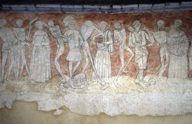 Yksityiskohta fresosta, joka kuvaa Dance Macabrea, nd. Pyhän Robertin kirkko La Chaise Dieussa (Chaise-Dieu, Haute Loire).