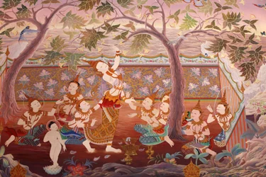 Yksityiskohta seinämaalauksesta Buddhapadipa-temppelin Uposathassa (pyhäkkösali), Wimbledon, Grande-Bretagne