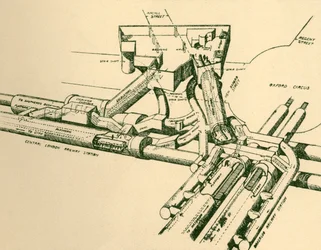 Kaavio uudesta metroasemasta Oxford Circusissa, 1930.