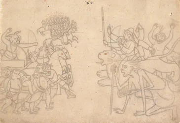 Durga ja Kali lähestyvät Chandan ja Mundan koottuja armeijoita... Devi Mahatmyaa, n. 1780.