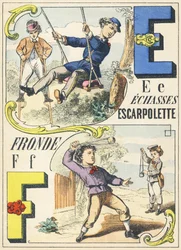 E F : echasses, escarpolette, fronde - Games Alphabet, n. 1890 (kuva)