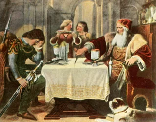Eberhard leikkaa puoliksi pöytäliinan itsensä ja poikansa Ulrichin välillä, 1377, 1936.