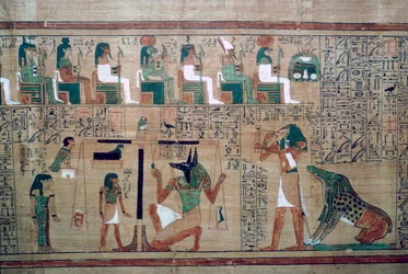 Egyptiläinen papyrus, jossa on kuva "sydämen punnitsemisesta"