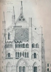 North Transeptin korkeus, Westminster Abbey, näkyy kunnostussuunnitelma Wrens-leikkauksella
