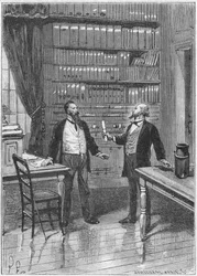 Elisha Gray, amerikkalainen keksijä, esittelee varoituksen puhelimelleen, 1876, c1890