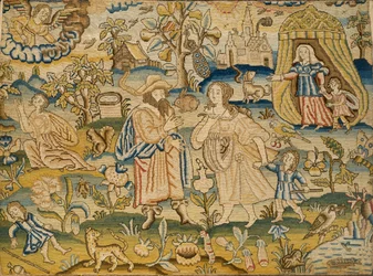 Brodeerattu kuva: Abrahamin irtisanominen Hagarin, 1600-luvun puoliväli