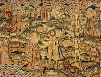Kirjontataulu, jossa näkyy ihmisiä, kukkia, hyönteisiä, kaloja ja eläimiä, 1600-luku