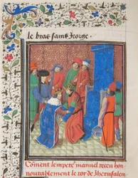 Keisari Manuel I Komnenos tapaa Jerusalemin kuninkaan Amalrik I:n. Vilhelmin Tyroksen pienoismalli Historiasta, 1460-luku