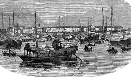 Eurooppalaiset tehtaat Kantonissa Guangzhoussa, Kiinassa, c1875