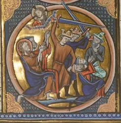 Juutalaisten teloitus. Pienoiskuva Raamatun tunnuksesta, noin 1220-1230.